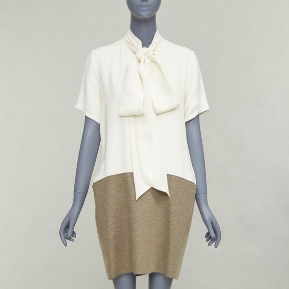 OLD CELINE Phoebe Philo cream taupe silk wool felt drop waist shirt dress FR38 M - Picture 1 of 9